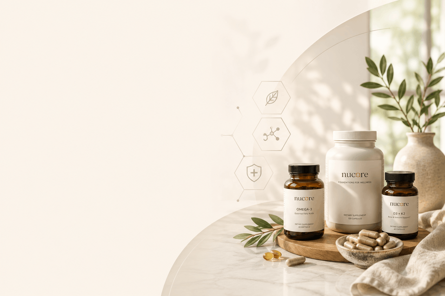 Nucore supplement bottles with vitamins and greenery.