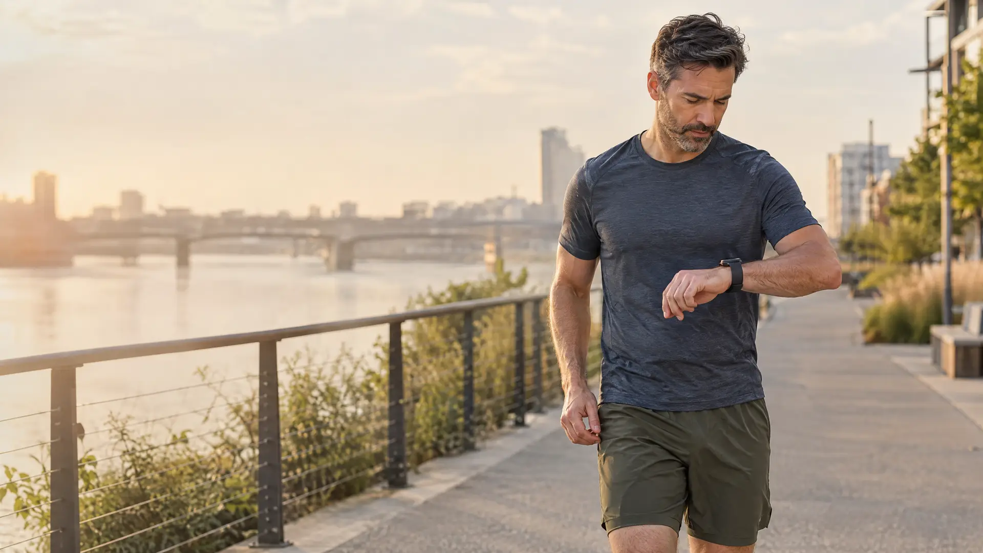 Middle-aged man checking his watch during an outdoor workout.