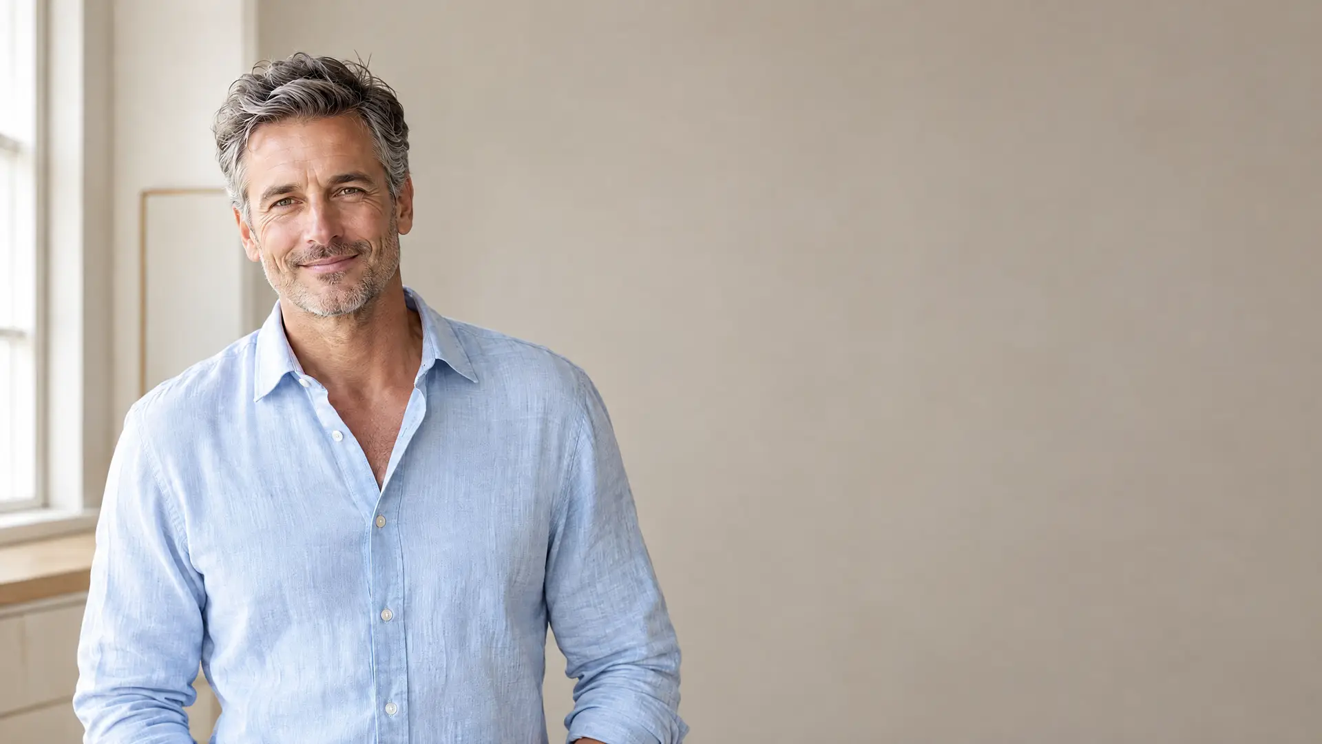 Middle-aged man with a relaxed smile in a softly lit space.