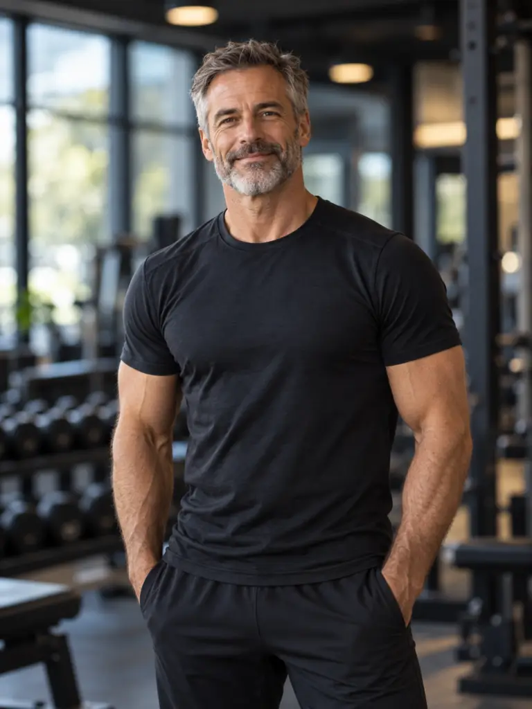 Smiling middle-aged man in a black workout shirt standing in a gym.