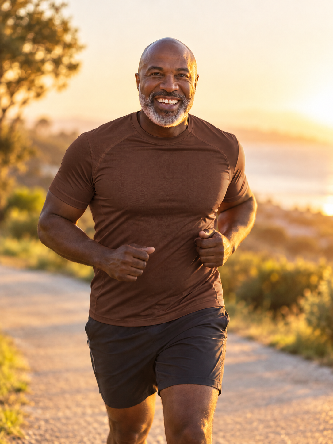 Smiling man in an Nucore brown athletic shirt jogging outdoors in warm sunlight.